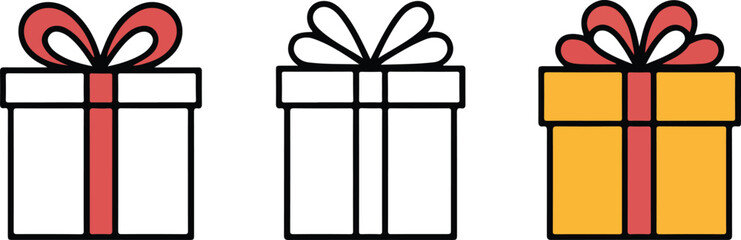 Three gift boxes with ribbons red white and yellow