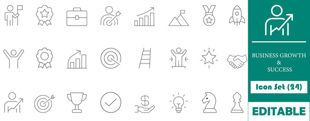 A clean and minimal 24 icon set representing business growth, leadership, achievement, target, success, and strategy. Ideal for presentations, websites, and branding.