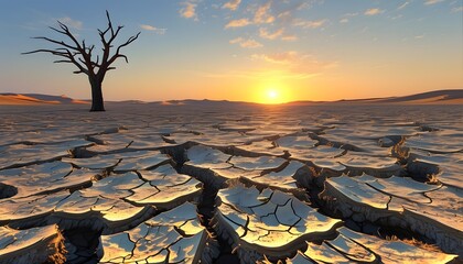 Desertification crisis pollution impact on arid regions dry landscape environmental photo sunset view