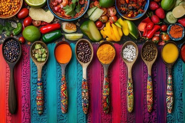 sharp image of dessert spoons and mexican food composition