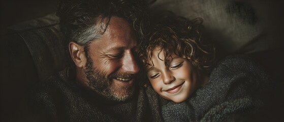 A man and a child are looking out a window