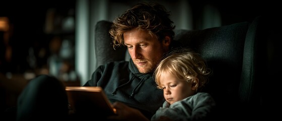 A man and a child are sitting together on a chair