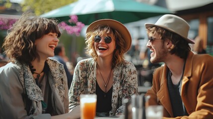 Friends enjoying time at outdoor cafe laughing and chatting having fun together in summer sunlight day