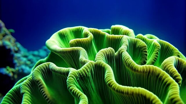 Closeup of vibrant green and yellow lettuce coral reef, undulating in a mesmerizing rippled pattern against a deep blue sea backdrop