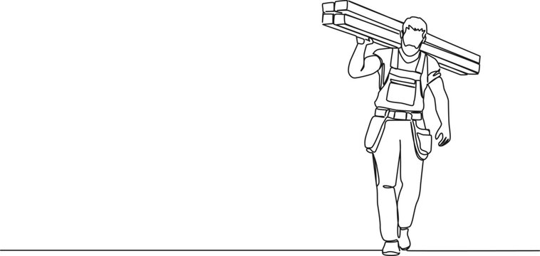 continuous single line drawing of carpenter carrying wooden beams, line art vector illustration