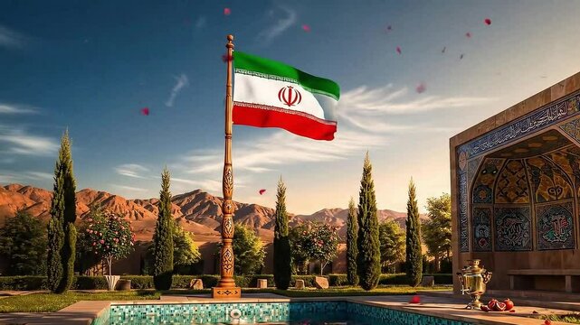 Iranian Flag Waving Over Persian Garden Landscape