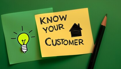 Know Your Customer Concept on Yellow Sticky Note with House Icon, Green Note with Light Bulb, and Pencil on a Green Background � Business, Marketing, Strategy
