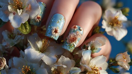 Close-up of elegantly painted fingernails featuring a delicate watercolor floral design. Pink and teal hues create a soft, feminine look.