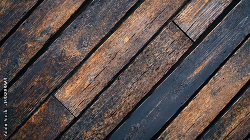 Poster angled view of dark stained wooden planks with visible grain and texture creating a rustic backdrop
