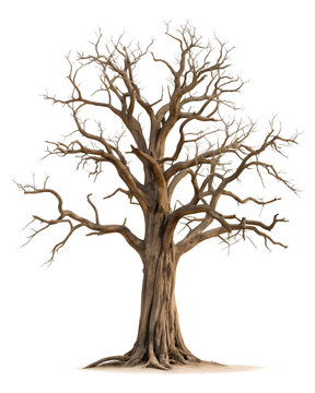 Big tree stands tall, its bare branches reaching up, isolated on transparent background in png format.