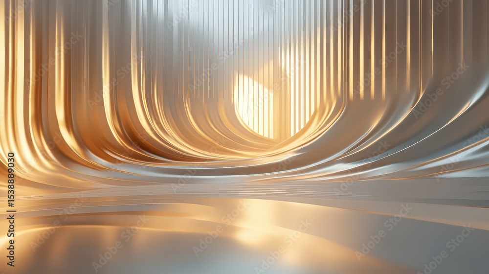 Poster abstract golden and silver metallic curves with light reflecting on the surface in a studio setting
