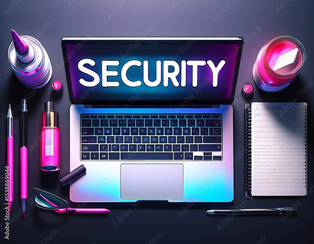 Poster secure digital laptop computer displaying security text surrounded by office stationery, cyber secur