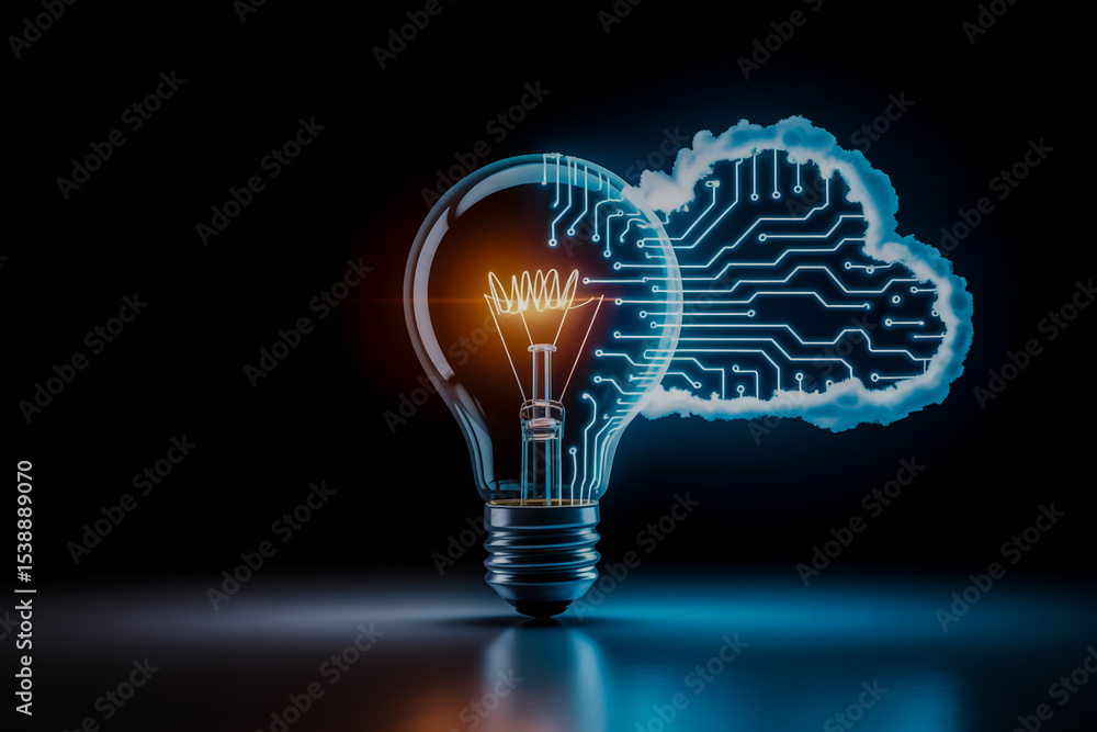 Aufkleber cloud computing lightbulb idea innovation technology solutions ai artificial intelligence future con
