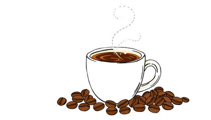Obraz premium Whimsical hand-drawn coffee cup and beans, swirls, and steam , vector illustration, sketch