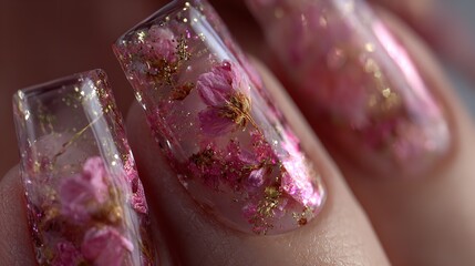 A detailed close-up of nails with red and white marble patterns, shimmering gold veins adding a dramatic touch. The nails have a glossy finish and are illuminated by bright light,