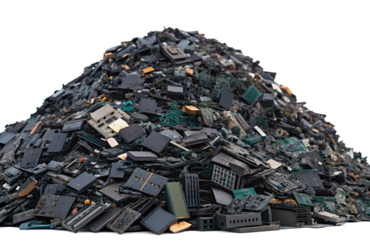 Massive pile of e-waste isolated on transparent background