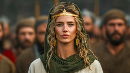Elegant portrait of a biblical queen, radiating beauty, dignity, and strength, adorned in ancient royal attire.