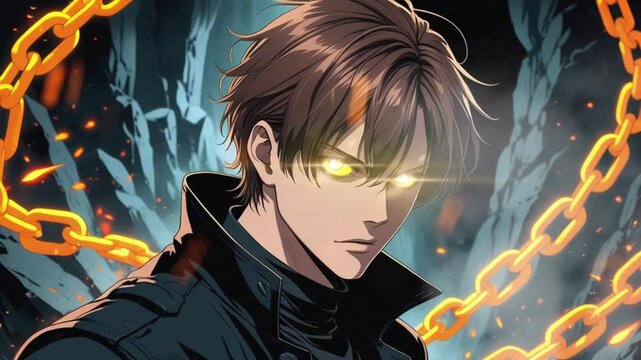 Anime-style character with glowing yellow eyes standing against a fiery background with chains. Powerful and intense digital art of a mysterious male figure.