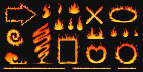Vector illustration of a fire-themed set including flaming borders, fire arrow, and glowing fire lines. Bright, energetic design with dynamic flame effects.