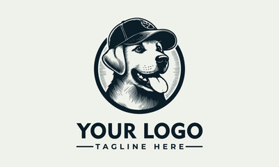 A smiling Labrador Retriever wearing a cap, presented within a circular emblem.