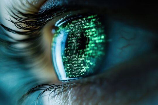 Human Eye with Digital Binary Code Reflection in Green Tones