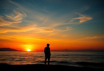 Fototapeta premium Solitary figure silhouetted against vibrant sunset over tranquil sea , romantic, serene