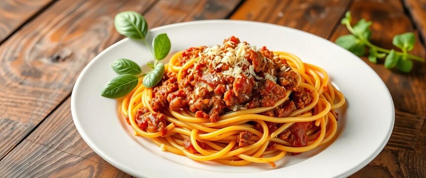 Spaghetti Bolognese served on a white plate, rustic wooden table,   culinary,  restaurant