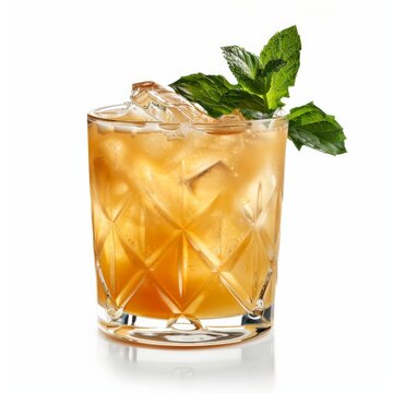 A refreshing whiskey smash cocktail with ice and a mint garnish
