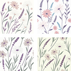 Seamless pattern of daisies and lavender, SVG vector illustration, pastel color palette, tileable design, transparent background