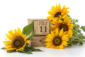 Wooden Calendar Displaying July 11 with Sunflower Floral Arrangement