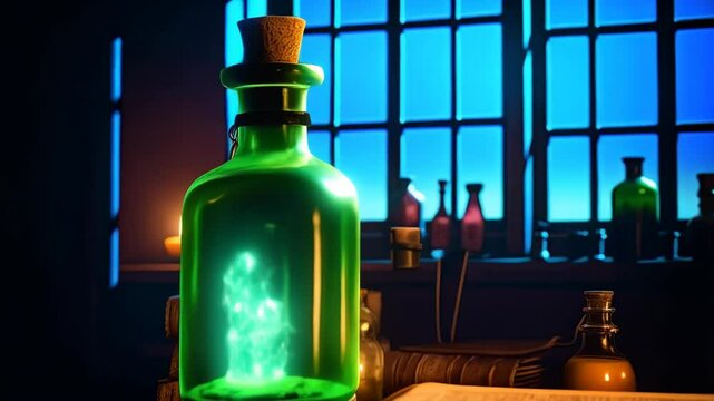 Glowing green potion bottle on a desk with old books and antique lantern, moody lighting, and magical atmosphere.
