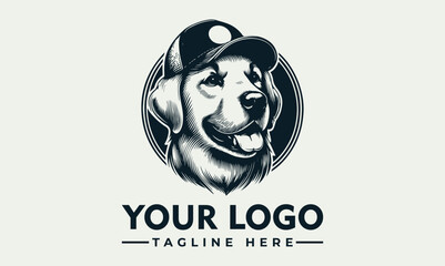 A smiling Labrador Retriever wearing a cap, presented within a circular emblem.