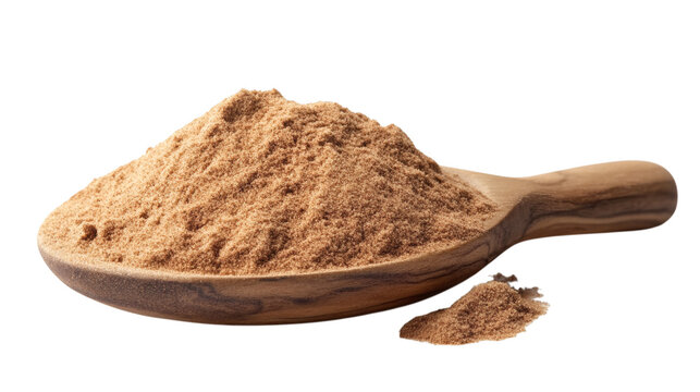 Powdered cinnamon spice heap with wooden spoon isolated on transparent background