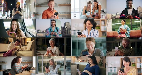 Collage, communication and people with smartphone, online or message on social media, typing or...