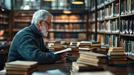 Senior man reading in a library - Powered by Adobe