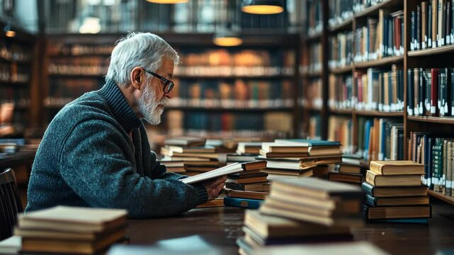 Senior man reading in a library