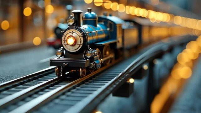 Detailed close-up of a vintage-style toy train on tracks. Warm lighting