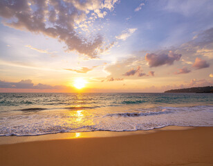 tranquil tropical beach at sunset, soft golden and pink sunlight reflecting on calm ocean waves
