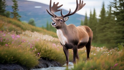 Obraz premium Stunning Caribou with Magnificent Antlers Standing Proudly in a Lush Meadow with Flowering Plants and Mountain Backdrop, Wildlife Photography