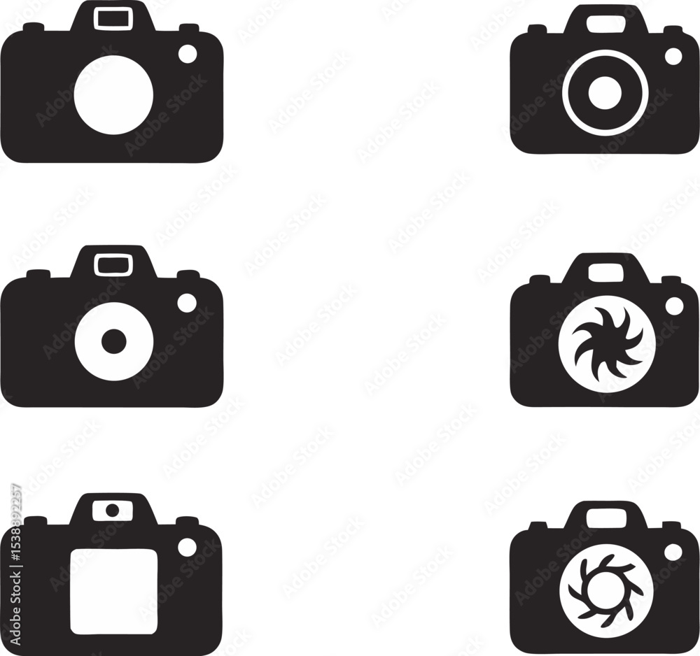 Poster set of minimalist black and white digital camera icons representing diverse photography and image ca