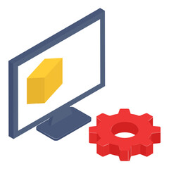 Live preview While cnc building the model on display isometric concept, 3d art work adjustment at cad application vector icon design, additive manufacturing stock illustration