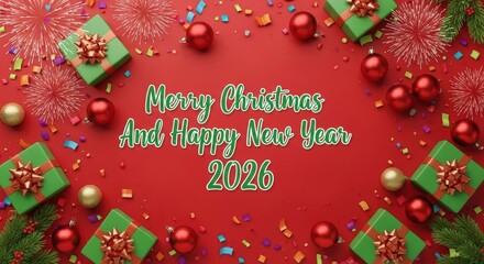 Merry Christmas And Happy New Year 2026 text amid festive green gifts red ornaments confetti and fireworks on a red