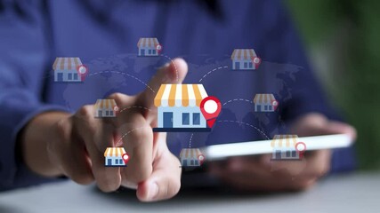 Franchise business store shop concept. Investment expansion with location world map and open new branch shop. Businessman touching franchise icon on virtual screen. - Powered by Adobe