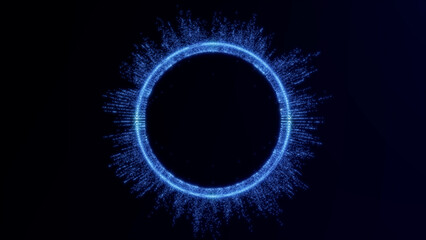 Blue particle ring glowing on dark background. Abstract energy circle with dynamic sparkles for sci-fi, tech, AI visuals or modern digital designs. Futuristic light element.