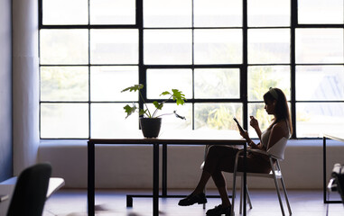 Woman is sitting at desk near grid window, using stylus on digital tablet with potted plant