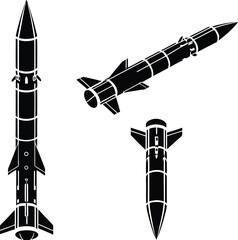 Three Black and White Silhouettes of Missiles Showing Different Perspectives and Angles for Technical Drawings and Design