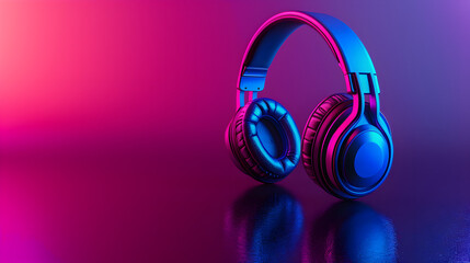 Modern headphones on a purple gradient background - style and technology. Copy space. Concept of streaming, digital lifestyle and urban culture.