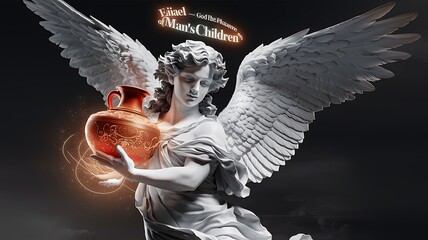 Angel Eiael – God the Pleasure of Mans Children  67th Kabbalistic Angel of Wisdom Transformation and Occult Knowledge Soaring with Grand Feathered Wings Holding a Radiant Red Jug of Divine Essence