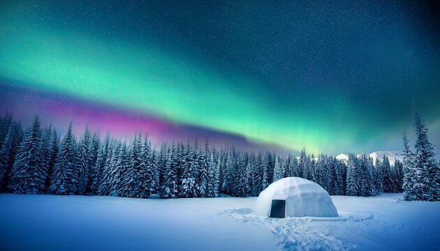 snowy forest with igloo and aurora borealis in night sky northern lights in winter mountains wintry scene with glowing polar lights and snowy icehouse christmas postcard