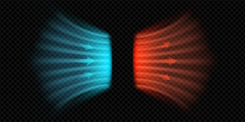Clean air flow with cold and hot arrows. Blue red wave effect shows HVAC system in motion. Minimal vector style with temperature stream, breeze and purification concept. Transparent background.